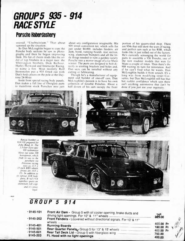 PORSCHE 914 CATALOGUE fiberglass and steel bodyparts